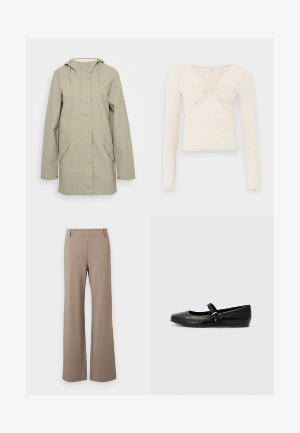 Veste imperméable beige clair avec capuche, fermeture à pression à l'avant, deux poches latérales et cordons réglables sur la capuche. Texture lisse.; Haut à manches longues crème en tissu doux et texturé. Doté d'un col en V et d'un détail torsadé au centre. Design court.; Pantalons larges marron en tissu doux, avec une texture lisse, une taille plate et sans motifs ni détails matériels visibles.; Ballerines en cuir noir avec un bout arrondi, une semelle plate et une fine sangle ajustable sur le cou-de-pied avec une boucle en métal.