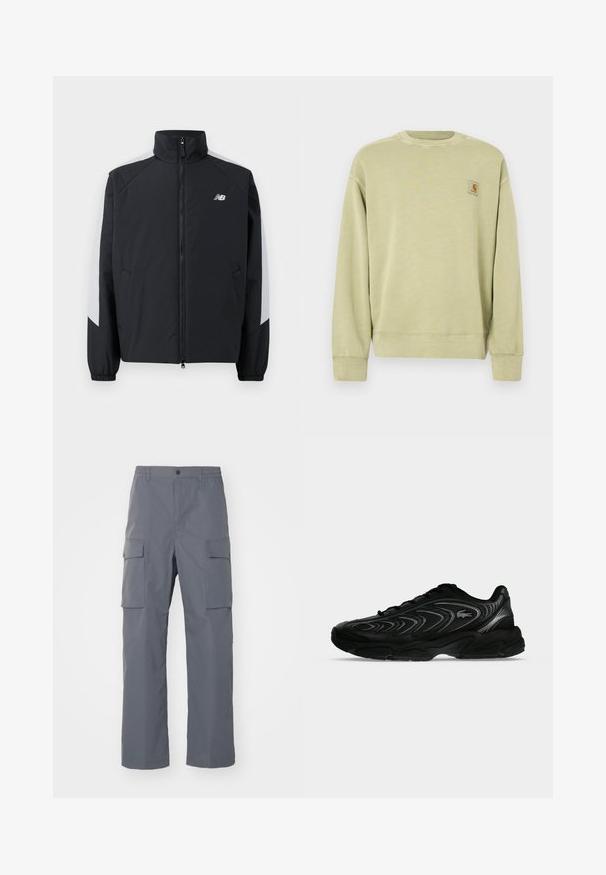Zwarte jas met een hoge kraag, een rits aan de voorkant en grijze accenten op de schouders. Voorzien van elastische manchetten en zijzakken.; Lichtgroene sweatshirt met een klassieke ronde hals, geribbelde manchetten en een klein rechthoekig logoplaatje op de linkerborst. Zachte, gestructureerde stof.; Grijze cargobroek van duurzaam materiaal. Kenmerken zijn een elastische tailleband, twee grote zijzakken en een rechte pijp.; Zwarte atletische sneaker met golfachtige patronen en een klein krokodillenlogo aan de zijkant, weergegeven op een effen lichtgrijze achtergrond.