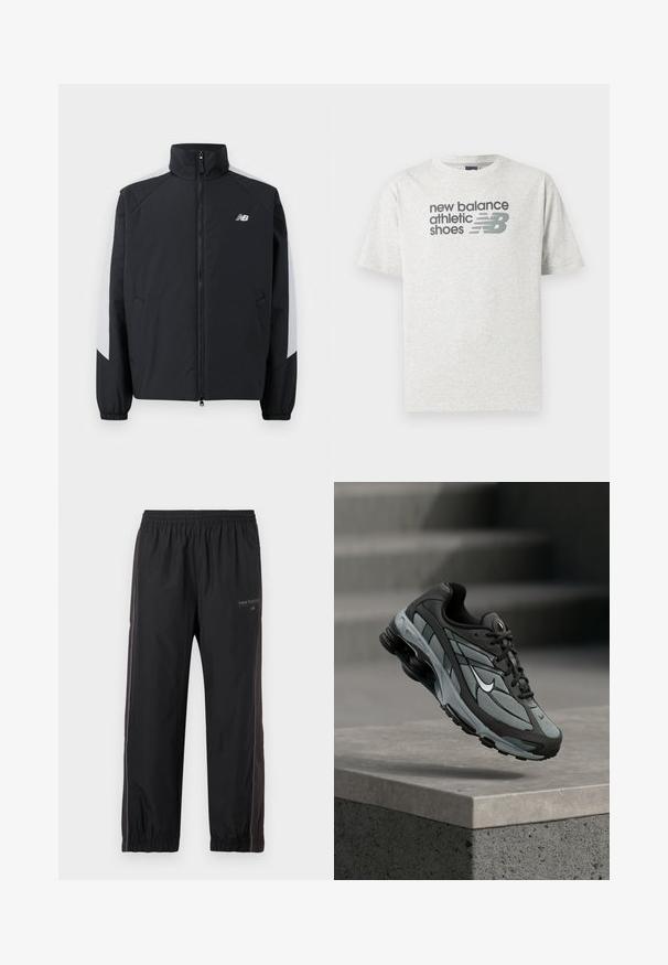 Zwarte jas met een hoge kraag, een rits aan de voorkant en grijze accenten op de schouders. Voorzien van elastische manchetten en zijzakken.; Lichtgrijs T-shirt met korte mouwen met de tekst "new balance athletic shoes" en een gestileerd "NB" logo in donkergrijs op de borst.; Zwarte atletische trainingsbroek met elastische taille en boorden, voorzien van strepen aan de zijkant en een klein New Balance-logo op de bovenste linker dij.; Grijze en zwarte sportieve sneaker met meshpanelen en dikke zool, zwevend in de lucht boven een betonnen richel met trappen op de achtergrond.