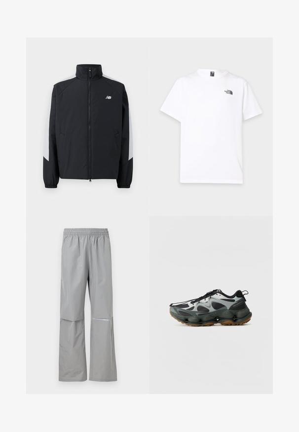 Zwarte jas met een hoge kraag, een rits aan de voorkant en grijze accenten op de schouders. Voorzien van elastische manchetten en zijzakken.; Wit T-shirt met korte mouwen, ronde hals en klein zwart The North Face-logo op de bovenste linkerborst.; Lichtgrijze waterdichte regenbroek met elastische tailleband en reflecterende strip aan de rechterpijp, ontworpen voor buitengebruik.; Zwarte en grijze sportschoenen met een bovenwerk van mesh, een sculptuurzool en een rubberen buitenzool. Voorzien van een veilig vetersysteem en een trekband aan de hiel.