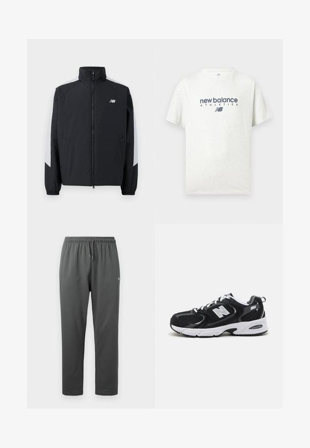 Zwarte jas met een hoge kraag, een rits aan de voorkant en grijze accenten op de schouders. Voorzien van elastische manchetten en zijzakken.; Witte T-shirt met korte mouwen en ronde hals, bedrukt met "new balance ATHLETICS" en het "NB" logo in donkerblauw op het midden aan de voorkant.; Donkergrijze fleece joggingbroek met elastische tailleband en trekkoord, voorzien van een klein logo op de rechterdij.; Zwarte en grijze sport schoenen met een bovenwerk van mesh en suede, voorzien van een witte tussenzool, veters en een gedurfde "N"-logo aan de zijkant.