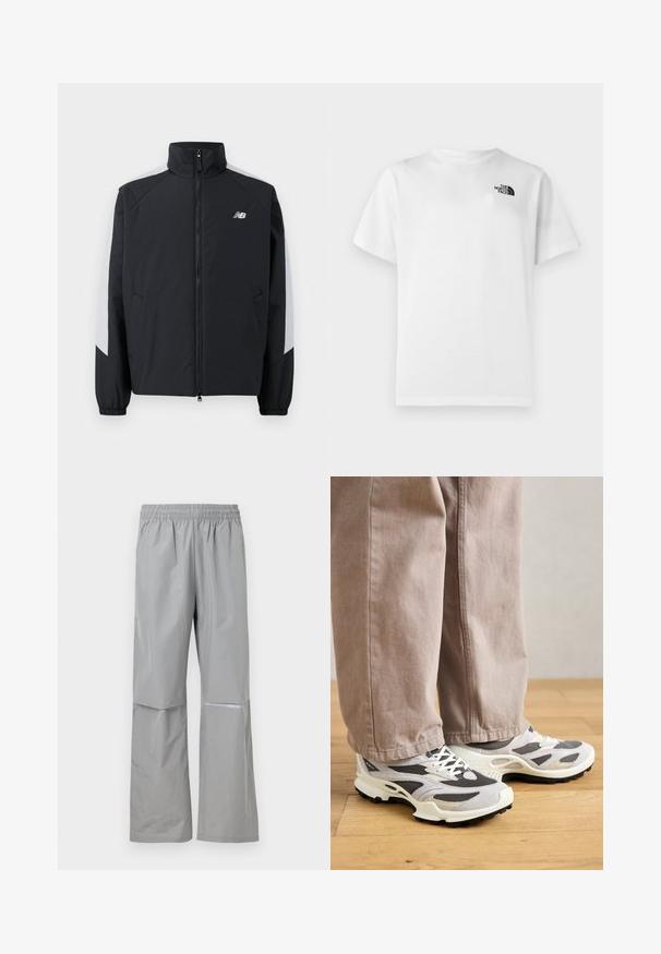 Zwarte jas met een hoge kraag, een rits aan de voorkant en grijze accenten op de schouders. Voorzien van elastische manchetten en zijzakken.; Wit katoenen T-shirt met korte mouwen en een ronde hals. Voorzien van een klein zwart logo aan de bovenkant aan de linkerkant. Glad oppervlak.; Lichtgrijze waterdichte regenbroek met elastische tailleband en reflecterende strip aan de rechterpijp, ontworpen voor buitengebruik.; Persoon in beige wijde broek en grijs-witte sport sneakers staat op houten vloer.
