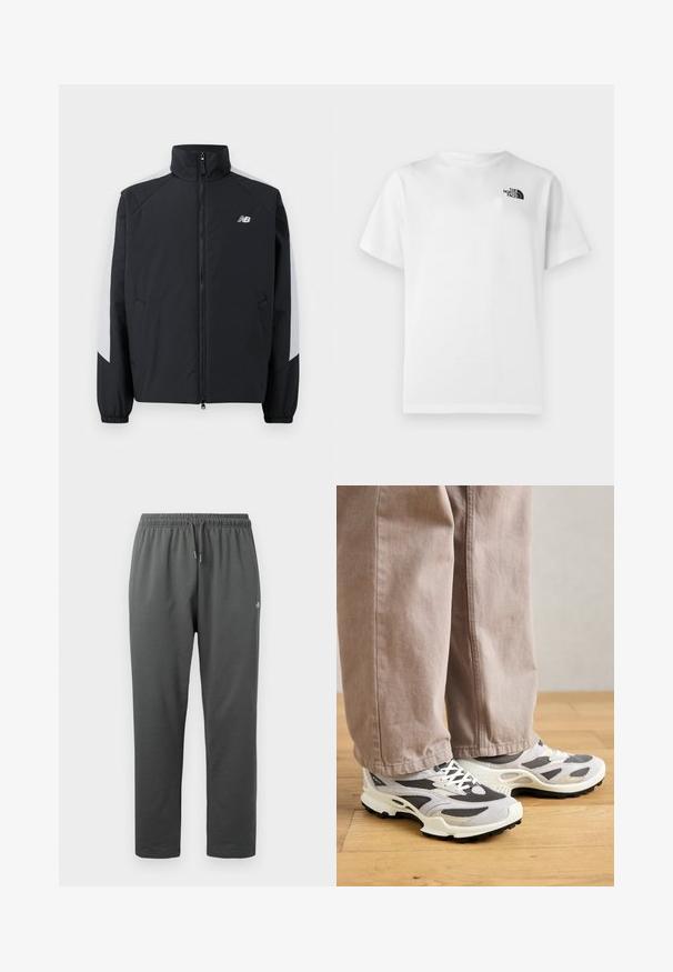 Zwarte jas met een hoge kraag, een rits aan de voorkant en grijze accenten op de schouders. Voorzien van elastische manchetten en zijzakken.; Wit katoenen T-shirt met korte mouwen en een ronde hals. Voorzien van een klein zwart logo aan de bovenkant aan de linkerkant. Glad oppervlak.; Donkergrijze fleece joggingbroek met elastische tailleband en trekkoord, voorzien van een klein logo op de rechterdij.; Persoon in beige wijde broek en grijs-witte sport sneakers staat op houten vloer.