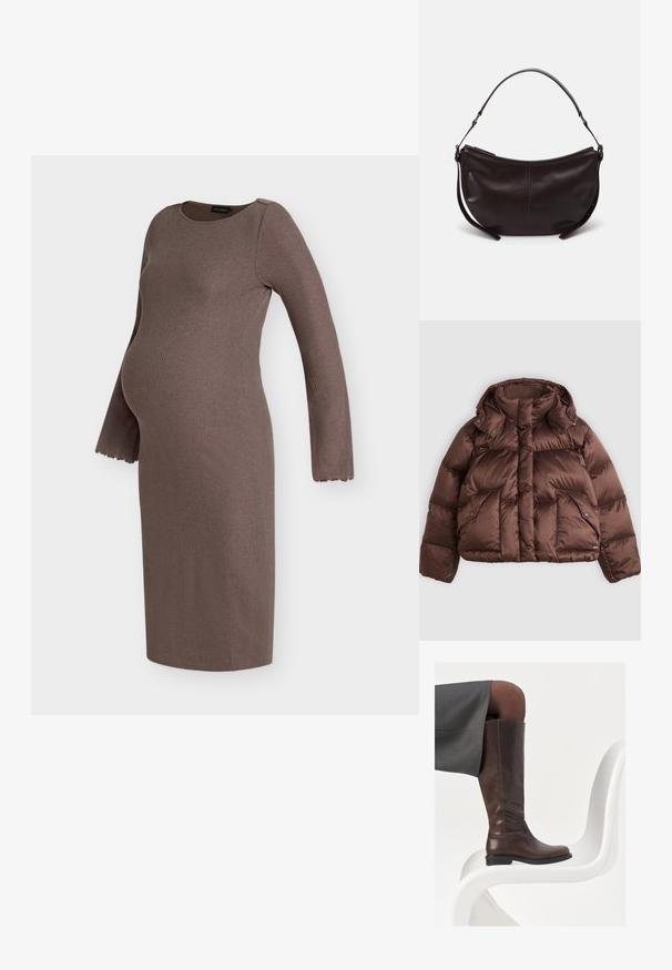 Doudoune brune avec un col haut, des boutons-pression et deux poches avant. Fabriquée en tissu brillant matelassé avec un design court.; Robe de maternité marron à manches longues côtelées avec poignets festonnés et silhouette ajustée pour confort et style pendant la grossesse.; Botte en cuir marron à hauteur de genou avec un bout arrondi, texture lisse et détails de couture minimalistes, placée sur un fond clair sur une chaise blanche.; Sac à épaule en cuir marron foncé avec une forme courbe, texture lisse et une seule sangle réglable. Doté d'une fermeture éclair.