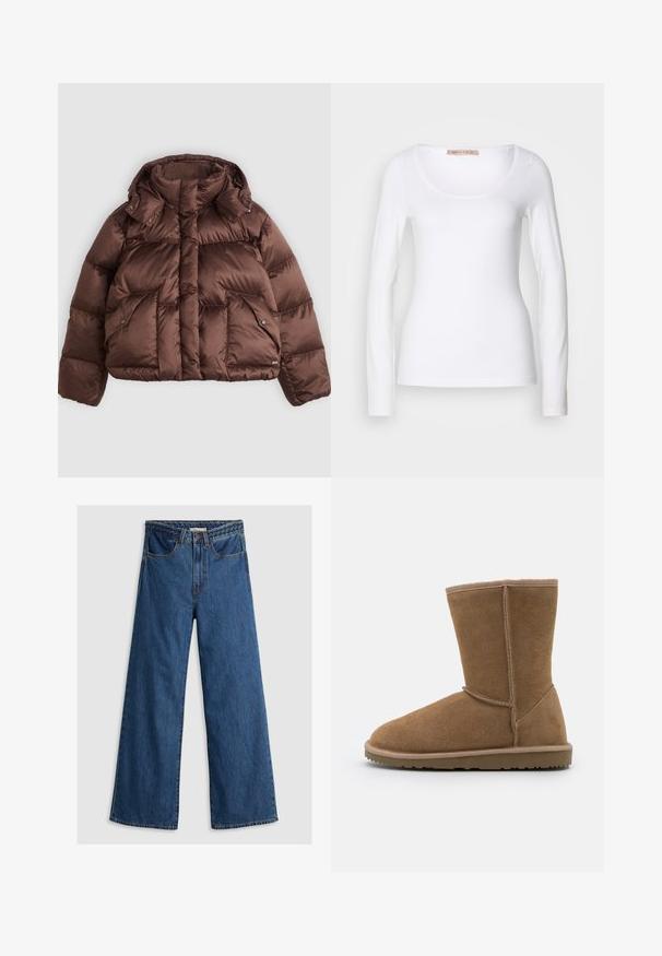Doudoune brune avec un col haut, des boutons-pression et deux poches avant. Fabriquée en tissu brillant matelassé avec un design court.; T-shirt en coton blanc à manches longues, avec un col rond et une coupe ajustée, au toucher doux et sans ornement.; Jeans en denim bleu à jambes larges avec une taille haute, présentant un design classique à cinq poches et une ceinture texturée.; Bottine en suede marron avec un bout arrondi, des coutures verticales et une semelle en caoutchouc plate. Le design présente des surpiqûres autour de l'ouverture.