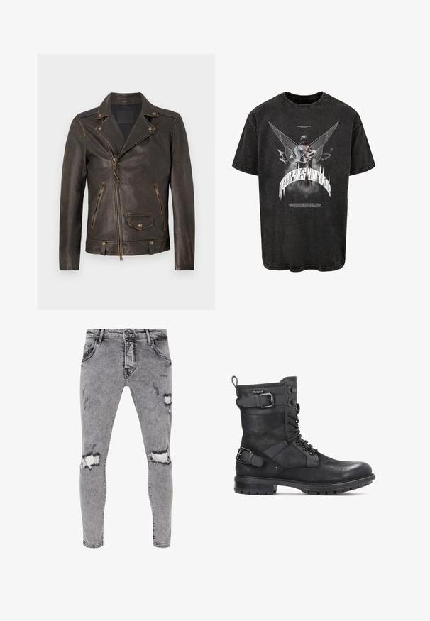 Donkerbruine leren motorjas met asymmetrische frontrits, twee ritssluiting zijzakken en één klepzak met drukknop aan de voorkant.; Zwart oversized T-shirt van denim, met een grafiek van een beeld met vleugels en tekst, en een licht verweerd uiterlijk.; Grijze denim jeans met een slim fit, voorzien van versleten plekken en scheuren op de knieën. Vijf-pocket ontwerp met een klassieke knoopsluiting.; Kazar HEARD - Cowboy-/Bikerlaarsjes - black