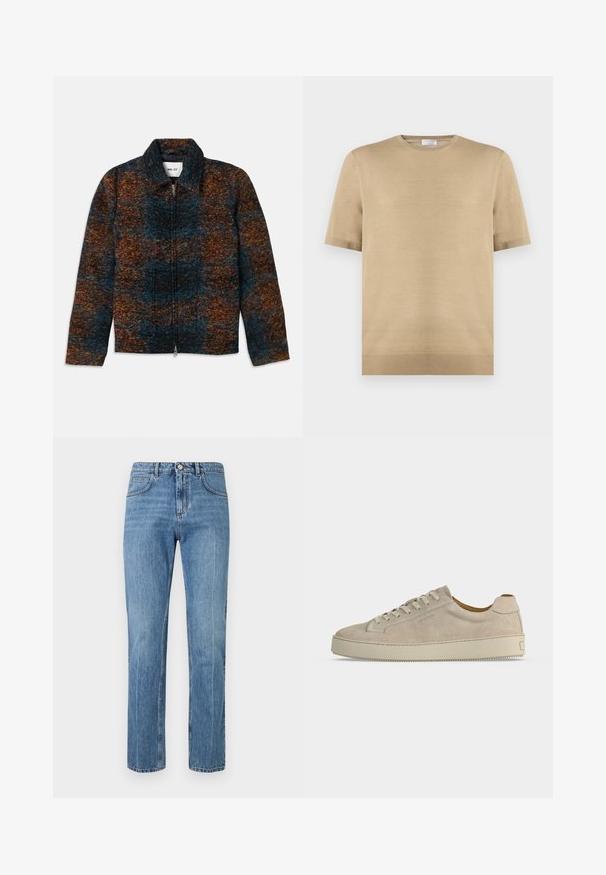 Veste en mélange de laine avec un col, affichant un motif multicolore de bleu marine, orange et marron. Fermeture éclair sur le devant et poches latérales.; Pull en maille beige à manches courtes avec encolure ronde et ourlet côtelé, posé à plat sur fond blanc.; Jean bleu à taille haute, coupe droite, avec bouton frontale, fermeture éclair, passants de ceinture et design à cinq poches sur fond blanc.; Baskets basses beiges en daim avec fermeture lacée et semelle épaisse en caoutchouc, vues de profil sur fond blanc uni.