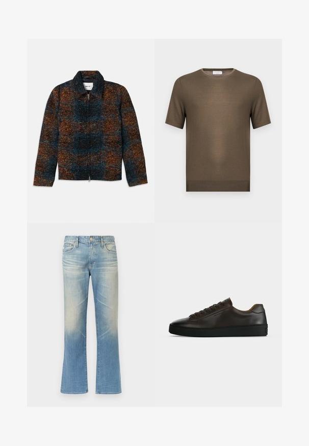 Veste en mélange de laine avec un col, affichant un motif multicolore de bleu marine, orange et marron. Fermeture éclair sur le devant et poches latérales.; Pull en maille vert olive à manches courtes avec encolure ronde et ourlet côtelé, présenté sur fond blanc uni.; Jean évasé en denim bleu clair avec une finition délavée, design à cinq poches, fermeture par bouton en métal et ourlets droits.; Baskets basses en cuir marron foncé avec semelle en caoutchouc noire, lacets à l'avant et design minimaliste épuré sur fond clair.