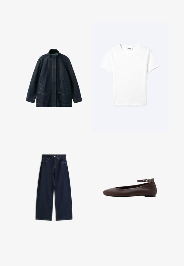 Veste en jean bleu foncé avec col montant, fermeture avant cachée, manches longues et poches avant, présentée sur fond blanc.; T-shirt blanc uni à manches courtes et col rond avec une petite étiquette "WEEKDAY" à l'intérieur de l'encolure, présenté à plat sur un fond clair.; Jean denim bleu foncé à jambes larges avec poches avant, fermeture par bouton et couture visible sur fond blanc.; Chaussure plate marron foncé avec bout arrondi et bride de cheville réglable avec boucle argentée sur fond blanc.