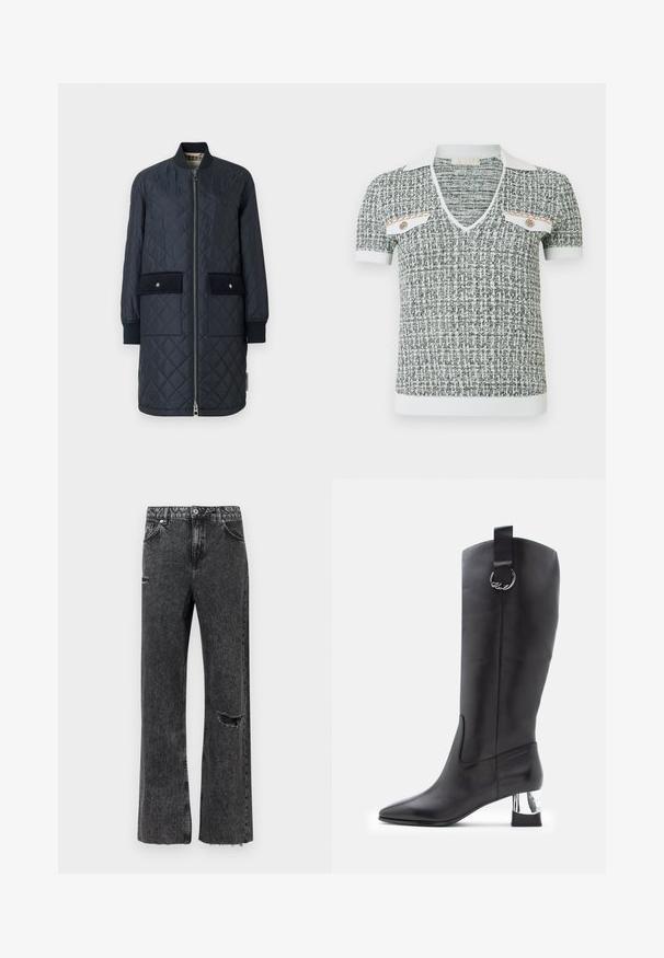 Marineblauwe gewatteerde lange jas met een geribde kraag, een ritssluiting aan de voorkant en twee grote voorzakken. Kenmerkt zich door een gladde textuur en accentstiksel.; Grijs-wit gebreid poloshirt met V-hals, korte mouwen, twee zakken, gouden accenten en een textuurpatroon over het hele kledingstuk.; Wijd uitlopende jeans van gewassen zwarte denim, met een distressed kniedetail, rafelige zoom en een standaard knoopsluiting met zakken.; Zwarte leren kniehoge laars met puntige neus en chroom blokhak. Heeft een band met een ronde hardwareaccent bovenaan.