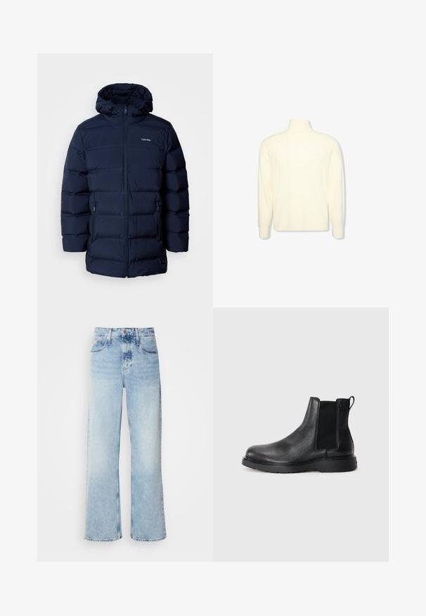 Mørkeblå polstret jakke med hætte, med frontlynlås, elastiske manchetter og to sidelommer. Stoffet har en glat tekstur.; Kremfarvet langærmet højhalset sweater med ribbet manchetter og et diskret logo på brystet, vist på en ensfarvet hvid baggrund.; Lysblå vide jeans med høj talje, der har en falmet finish, bæltestropper og klassisk fem-lomme design. Kantene er rå.; Sorte læder chelsea støvler med tekstureret finish, elastiske sidepaneler og en robust gummisål. Subtil branding på hælen.