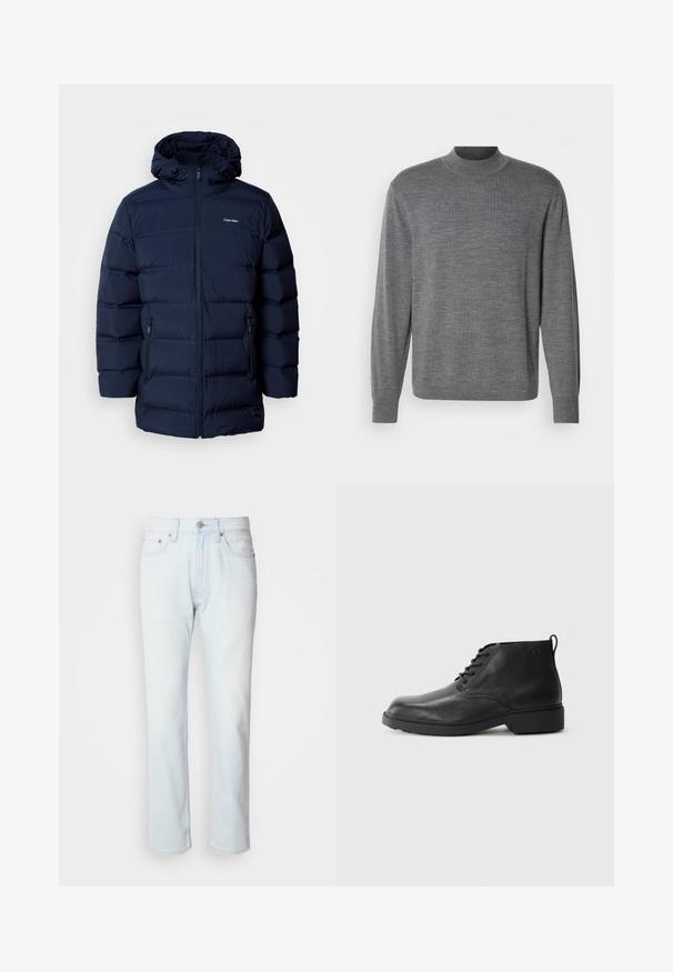 Marineblau gepolsterte Jacke mit Kapuze, ausgestattet mit einem Frontreißverschluss, elastischen Bündchen und zwei Seitentaschen. Der Stoff hat eine glatte Textur.; Grauer Langarmpullover aus Strickmaterial, mit einem Stehkragen und einem dezenten Logo auf der Brust. Glatte Textur und figurbetonter Schnitt.; Hellblaue Jeans mit geradem Bein. Verfügt über einen Knopfverschluss und Gürtelschlaufen, präsentiert eine ausgebleichte Textur und minimale Nähte.; Schwarze Lederstiefel mit strukturierter Oberfläche, runder Zehenpartie, Schnürung vorne und einer robusten Gummisohle. Verfügt über eine kleine Zuglasche an der Rückseite.
