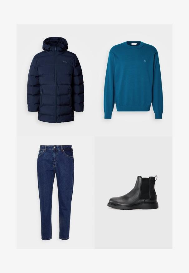 Chaqueta acolchada azul marino con capucha, que presenta un cierre frontal con cremallera, puños elásticos y dos bolsillos laterales. La tela tiene una textura suave.; Suéter de punto turquesa con cuello redondo, mangas largas y dobladillo acanalado. Presenta un pequeño logo en la parte superior izquierda. Textura suave.; Vaqueros de mezclilla azul oscuro de corte recto, con cierre frontal de botón y cremallera, trabillas para cinturón y bolsillos delanteros y traseros.; Botas Chelsea de cuero negro con acabado texturizado, paneles laterales elásticos y una suela de goma resistente. Marca sutil en el talón.