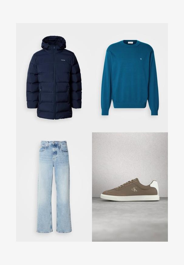 Mørkeblå polstret jakke med hætte, med frontlynlås, elastiske manchetter og to sidelommer. Stoffet har en glat tekstur.; Turkis strikket sweater med rund hals, lange ærmer og ribbet kant. Har et lille logo i øverste venstre hjørne. Blød tekstur.; Lysblå vide jeans med høj talje, der har en falmet finish, bæltestropper og klassisk fem-lomme design. Kantene er rå.; Taupe Calvin Klein-sneaker med beige snørebånd og hvid sål, svævende over en glat grå gulv nær en glasblokvæg.