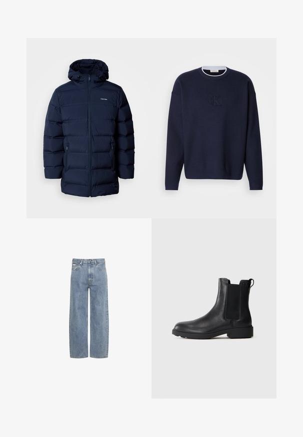 Chaqueta acolchada azul marino con capucha, que presenta un cierre frontal con cremallera, puños elásticos y dos bolsillos laterales. La tela tiene una textura suave.; Suéter de punto azul marino con cuello redondo, cuello acanalado y sutil logotipo bordado "ck" en la parte frontal. Mangas largas, corte holgado.; Vaqueros azul claro de pierna recta con cierre delantero de botón y cremallera, presillas para cinturón y diseño de cinco bolsillos.; Botín negro de cuero hasta el tobillo con paneles laterales elásticos, tirador en el talón y suela baja de bloque sobre un fondo liso.