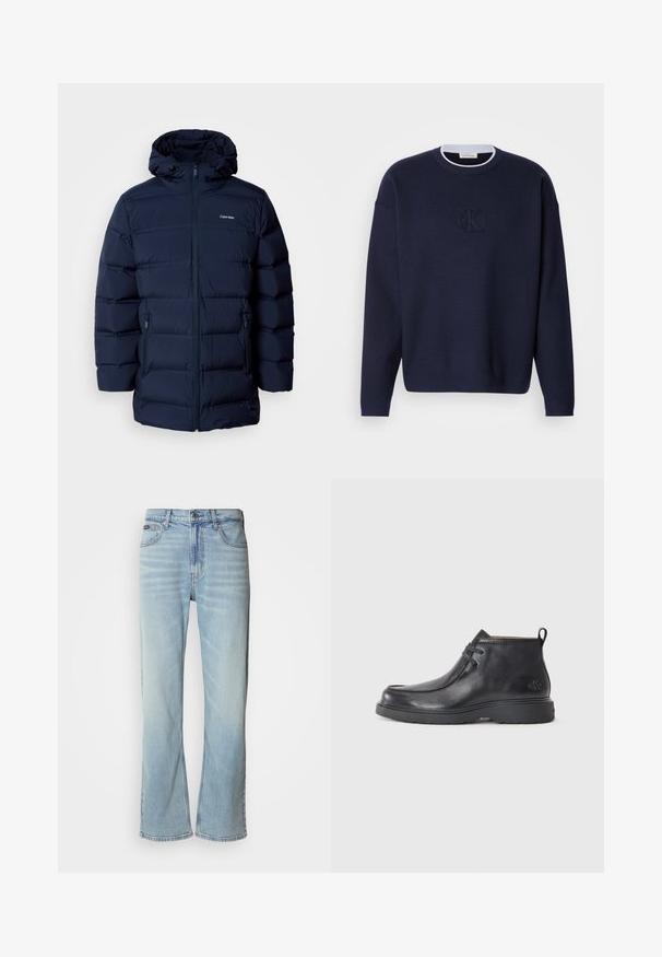 Mørkeblå polstret jakke med hætte, med frontlynlås, elastiske manchetter og to sidelommer. Stoffet har en glat tekstur.; Marineblå strikket sweater med rund hals, ribbet krave og subtilt broderet "ck" logo på forsiden. Lange ærmer, løs pasform.; Lyseblå denimjeans med lige ben, der har fem lommer, knaplukning og en subtil falmning på stoffet.; Sorte læder ankelstøvler med rund tå, snørelukning og en løkke bagpå. Tekstureret overdel og gummisål.