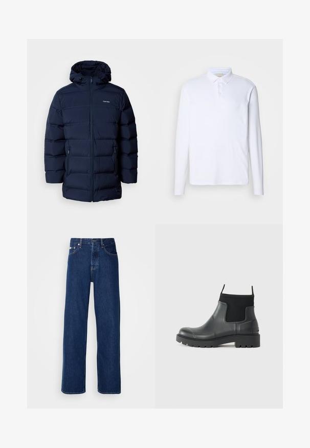 Marineblauwe gewatteerde jas met capuchon, voorzien van een ritssluiting aan de voorkant, elastische manchetten en twee zijzakken. De stof heeft een gladde textuur.; Wit poloshirt met lange mouwen van zachte stof, met een klassieke kraag, een drie-knopen sluiting en een subtiele logo op de borst.; Donkerblauwe denim jeans met een wijdbeen ontwerp, voorzien van een knoopsluiting en klassieke vijf-pocket styling. De stof heeft een gladde textuur.; Zwarte enkelboots van rubber met een matte afwerking, voorzien van een slank ontwerp, elastische panelen en een chunky zool voor grip.