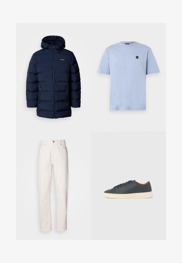 Mørkeblå polstret jakke med hætte, med frontlynlås, elastiske manchetter og to sidelommer. Stoffet har en glat tekstur.; Lyseblå bomuld T-shirt med rund halsudskæring, korte ærmer og et lille sort rundt logo på brystet. Glat tekstur, afslappet pasform.; Hvide denim jeans med lige ben, med knap- og lynlåslukning, bæltestropper samt for- og baglommer, præsenteret på en ensfarvet baggrund.; Marineblå lædersneaker med en cremefarvet sål, der har snørelukning, rund tå og minimalistiske designelementer, herunder tonale accenter.