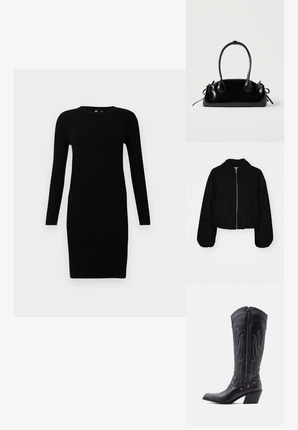 Veste noire courte en tissu doux et texturé. Elle dispose d'un col et de manches longues légèrement bouffantes avec une fermeture éclair à l'avant.; Robe pull noire côtelée avec des manches longues, un col rond, une silhouette ajustée et une coupe mi-longue. Texture lisse, design minimaliste.; Bottes de cow-boy en cuir noir avec bout pointu, coutures apparentes, ornements à clous argentés et fermeture éclair sur le côté intérieur.; Petit sac à main noir brillant avec deux longues anses et des détails à cordon sur les côtés sur un fond clair uni.
