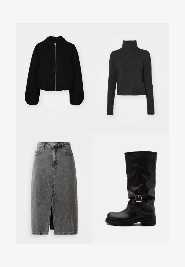 Schwarze, kurz geschnittene Jacke aus einem weichen, strukturierten Stoff. Sie verfügt über einen kragenlosen Hals und lange, leicht gepuffte Ärmel mit einem Reißverschluss vorn.; Schwarzer, verkürzter Rollkragenpullover aus einem weichen, strukturierten Stoff mit langen Ärmeln und gerippten Akzenten am Kragen und Saum.; Hochgeschnittene, ausgebleichte schwarze Denim-Midirock mit vorderem Schlitz, Gürtelschlaufen und klassischem Fünf-Taschen-Design.; Hoher schwarzer Lederstiefel mit abgerundeter Spitze, niedrigem Absatz, seitlichem Schnallenriemen und leicht geschliffenem Schaft auf weißem Hintergrund.
