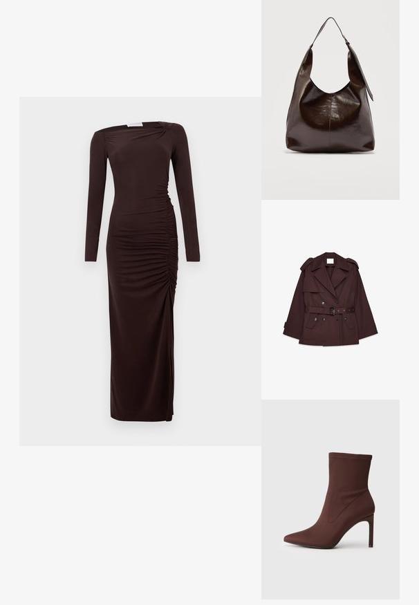Brauner Trenchcoat mit tailliertem Gürtel, breiten Revers, Schulterklappen und mehreren vorderen Taschen. Hergestellt aus einem glatten, leichten Stoff.; Langärmliges, dunkelbraunes, figurbetontes Kleid mit Raffungen auf der rechten Seite und einem leichten Schlitz am Saum.; Braune Stretch-Stoff-Ankle-Boots mit spitzer Zehe und 10 cm hohen Stiletto-Absätzen. Nahtdetails an den Seiten, glatte Textur und keine sichtbaren Verschlüsse.; Dunkelbraune glänzende Lederschultertasche mit einem breiten einzelnen Riemen und Schnallendetail auf einer Seite, vor einem schlichten hellen Hintergrund.