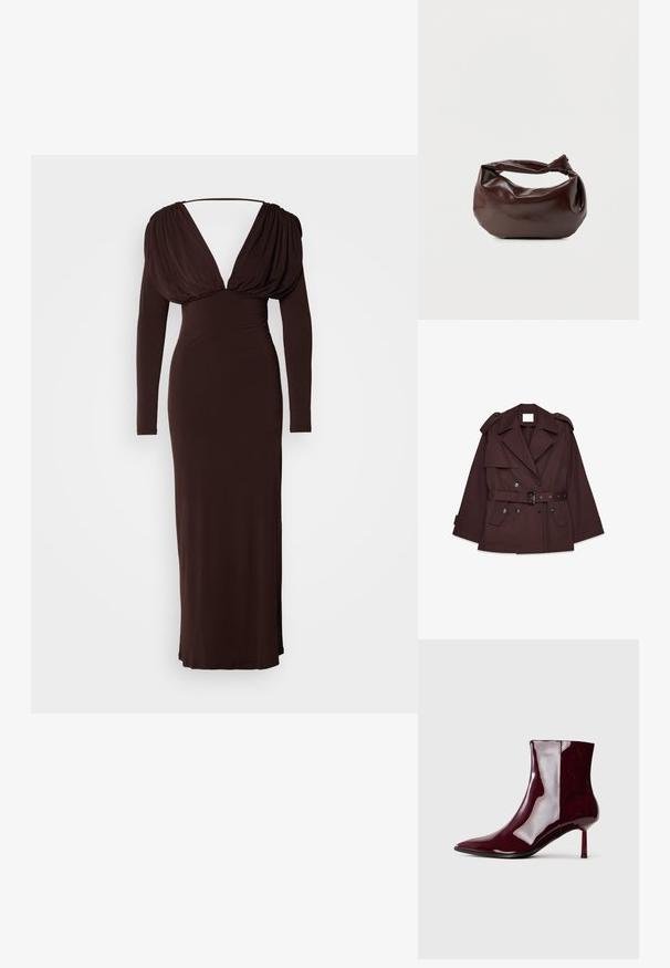 Brauner Trenchcoat mit tailliertem Gürtel, breiten Revers, Schulterklappen und mehreren vorderen Taschen. Hergestellt aus einem glatten, leichten Stoff.; Langes braunes Kleid aus elastischem Stoff, mit tiefem V-Ausschnitt und drapierten langen Ärmeln. Schlanke Silhouette mit dezentem Schleppe.; Schimmernder dunkelroter Knöchelstiefel mit spitzem Zeh und dünnem, mittelhohem Absatz auf einem schlichten, hellen Hintergrund.; Dunkelbraune Lederschultertasche mit weicher, lockerer Form und einem gedrehten Knotengriff vor schlichtem weißem Hintergrund.