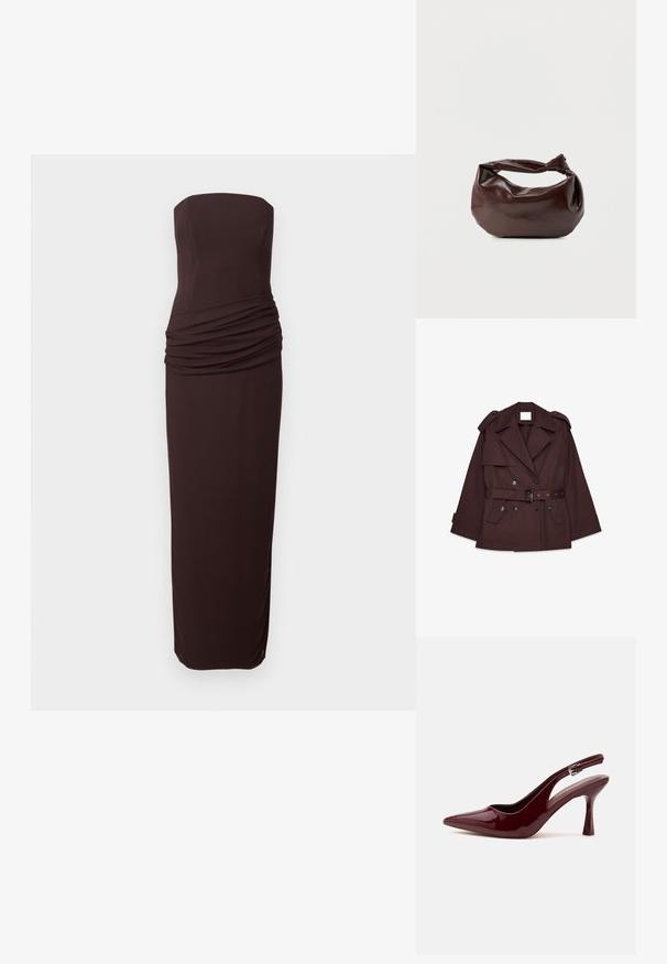 Brauner Trenchcoat mit tailliertem Gürtel, breiten Revers, Schulterklappen und mehreren vorderen Taschen. Hergestellt aus einem glatten, leichten Stoff.; Trägerloses, dunkelbraunes, figurbetontes Abendkleid mit gerafften Details am Taillenbereich und einem geraden langen Rock.; Glänzender dunkelroter Slingback-Pumps mit spitzer Kappe, schmalem verstellbarem Riemen und zugespitztem Stiletto-Absatz auf weißem Hintergrund.; Dunkelbraune Lederschultertasche mit weicher, lockerer Form und einem gedrehten Knotengriff vor schlichtem weißem Hintergrund.