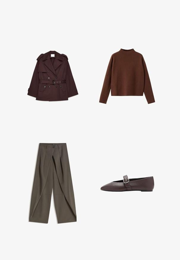 Brauner Trenchcoat mit tailliertem Gürtel, breiten Revers, Schulterklappen und mehreren vorderen Taschen. Hergestellt aus einem glatten, leichten Stoff.; Brauner Pullover mit langen Ärmeln und hohem Kragen. Hergestellt aus einem weichen, strukturierten Stoff. Mit lässiger, boxartiger Form und minimalistischem Design.; Weite Hosen aus einem strukturierten, dunkelgrauen Stoff. Mit einer vorderen Faltenlegung, Knopfverschluss und praktischen Seitentaschen ausgestattet.; Brauner Ballerina mit spitz zulaufender Spitze, silberner Schnalle über dem Rist, glattem Leder und niedrigem Absatz.