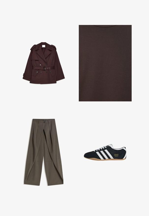 Brauner Trenchcoat mit tailliertem Gürtel, breiten Revers, Schulterklappen und mehreren vorderen Taschen. Hergestellt aus einem glatten, leichten Stoff.; Dunkelbraunes T-Shirt mit Rundhalsausschnitt aus weichem, fein geripptem Strickstoff.; Weite Hosen aus einem strukturierten, dunkelgrauen Stoff. Mit einer vorderen Faltenlegung, Knopfverschluss und praktischen Seitentaschen ausgestattet.; Schwarze Wildledersneaker mit drei weißen Streifen, goldenem Logo und brauner Gummisohle. Merkmale ein niedrigprofiliertes Schnürdesign.