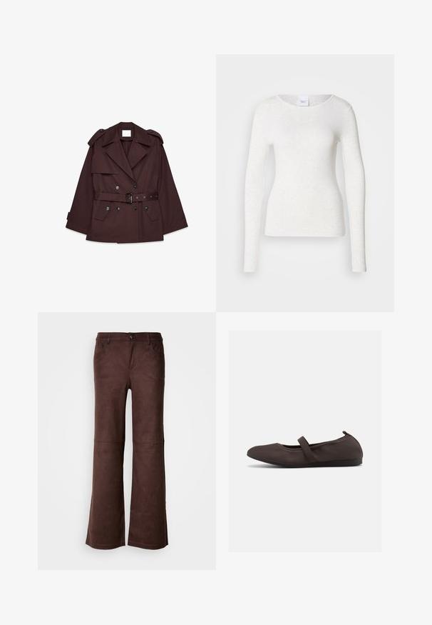 Pruun trench coat vöödiga, laiade krae ja õlavarreepaulettidega, mitme esikotiga. Valmistatud siledast, kergekaalulisest materjalist.; Valge pika varrukaga T-särk pehmest, kerge kangast, ümar kaelusega ja kitsas lõikega, mis on kaunistatud õrna tekstuuriga.; Pruunid laiad püksid pehmest, nahkjas kangast. Omavad nelja taskut, nööbiga kinnitamist ja siledat, tekstuurset pinda.; Pruun baleriinaking elastse paelaga ja ümarate varvastega, valgel taustal, külgvaates.