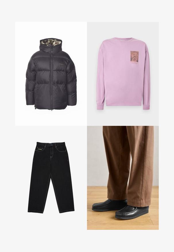 Mustat puffatakki, jossa on vetoketjullinen etuosa, suuri huppu ja sivutaskut. Sisäpuolella on camouflage-kuvio. Valmistettu päällystetystä, eristetystä materiaalista.; Laventelinvärinen pitkähiha-paita, jossa vasemmassa rinnassa pieni kuvio ja teksti, esittäen monimutkaisen pyöreän designin.; Mustat suorat farkut, joissa valkoinen ompelu, viisi taskua, nappi- ja vetoketjusuljin sekä pieni brändätty merkki oikean etutaskun päällä.; Mustat nahkakengät, joissa on mokkasinineule ja ommelyksityiskohdat, yhdistettynä ruskeisiin housuihin, puulattialla.