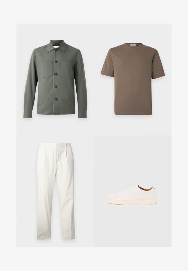 Chaqueta verde oscuro con cuello doblado, cierre de botones y dos bolsillos en el pecho. Tela suave con un corte ajustado. Los botones son marrones.; Camiseta de algodón marrón con mangas cortas, cuello redondo y textura suave. Presenta un dobladillo recto y un diseño minimalista.; Pantalones de algodón blancos con pierna recta, que presentan pliegues frontales, una textura suave y un diseño clásico de cintura.; Zapatilla blanca de corte bajo con diseño de cordones, detalles mínimos de costuras y suela color crema sobre un fondo gris claro.