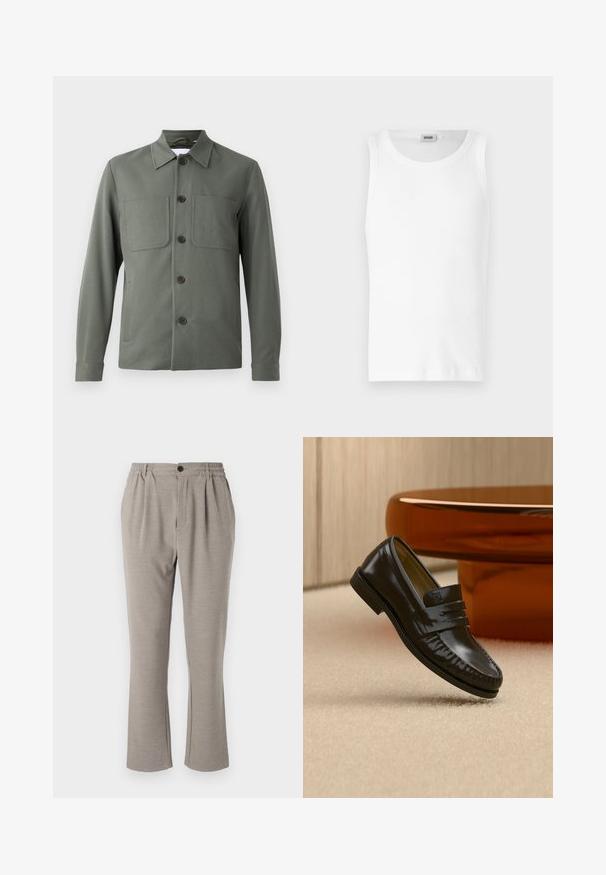 Chaqueta verde oscuro con cuello doblado, cierre de botones y dos bolsillos en el pecho. Tela suave con un corte ajustado. Los botones son marrones.; Camiseta sin mangas de algodón blanco con cuello redondo y una textura suave. Diseño sencillo, sin patrones ni acentos.; Pantalones gris claro de corte relajado, hechos de una tela suave, con una cintura elástica, pinzas y un cierre de un solo botón.; Mocasín de cuero negro brillante con detalle de correa, colocado sobre una alfombra beige cerca de una mesa de café redonda marrón en una habitación con iluminación suave.