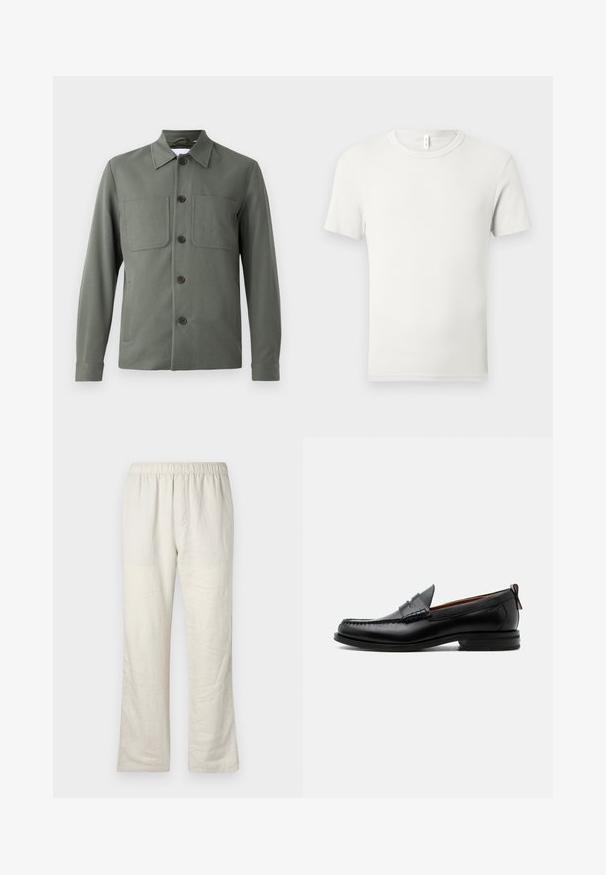 Chaqueta verde oscuro con cuello doblado, cierre de botones y dos bolsillos en el pecho. Tela suave con un corte ajustado. Los botones son marrones.; Camiseta blanca lisa de manga corta y cuello redondo, extendida sobre una superficie gris claro, con una pequeña etiqueta de tela en el cuello.; Pantalones de lino beige ligeros con cintura elástica, corte recto y sin bolsillos ni cierres visibles.; Mocasín de hombre de piel negra con costura moc toe, tira penny, cuello texturizado y tacón bajo apilado sobre fondo blanco.