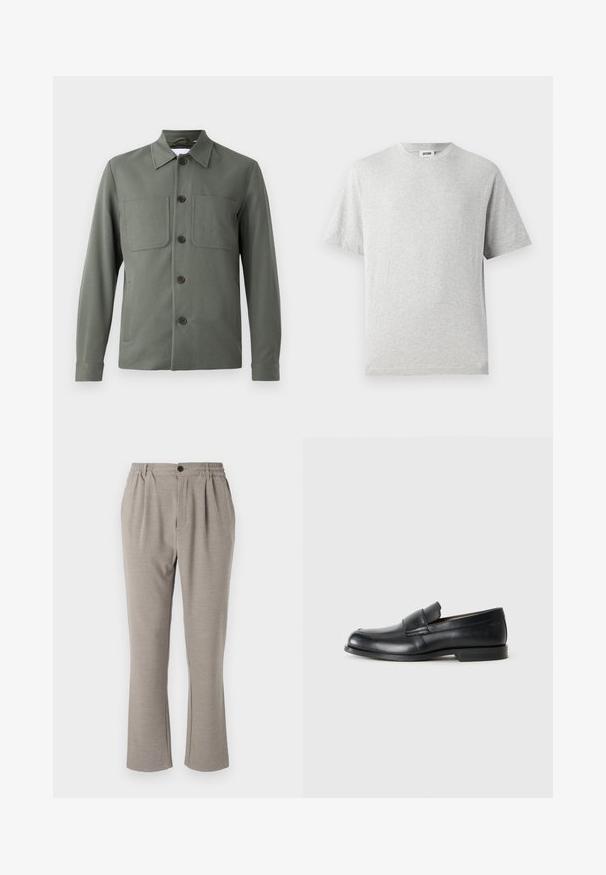Chaqueta verde oscuro con cuello doblado, cierre de botones y dos bolsillos en el pecho. Tela suave con un corte ajustado. Los botones son marrones.; Camiseta gris de manga corta hecha de tela suave. Presenta un cuello redondo, un corte relajado y no tiene patrones ni logotipos. Textura suave en toda la prenda.; Pantalones gris claro de corte relajado, hechos de una tela suave, con una cintura elástica, pinzas y un cierre de un solo botón.; Mocasines de cuero negro con punta redondeada, detalles cosidos y suela plana de goma. Presentan una banda ancha sobre el empeine.
