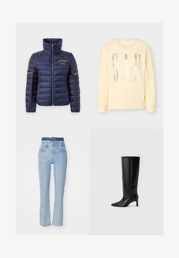 Veste doudoune marine avec un col montant, fermeture éclair, piping orange et un logo sur la poitrine. La texture matelassée améliore l'isolation et le style.; Sweat-shirt jaune pâle à manches longues avec un col rond et de grandes lettres argentées réfléchissantes formant le mot « GAP » sur le devant.; Jeans en denim bleu clair avec une taille haute, des jambes légèrement évasées et une ceinture bleue à motifs. Possède des poches avant et une fermeture à bouton.; Bottes noires montantes en cuir lisse, avec un bout pointu et un talon fin, une tige ajustée et un design minimaliste.