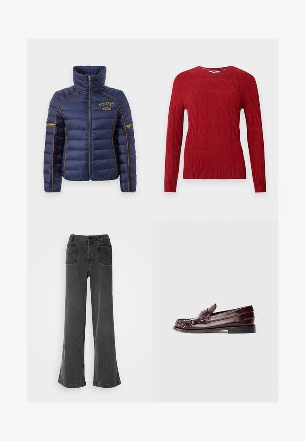 Veste doudoune marine avec un col montant, fermeture éclair, piping orange et un logo sur la poitrine. La texture matelassée améliore l'isolation et le style.; Pull-over rouge en tricot à mailles avec manches longues, col ras du cou et bords côtelés, arborant un petit logo brodé sur la poitrine.; Jean noir taille haute à jambes larges en denim, avec une fermeture à bouton, des passants de ceinture et deux poches arrière avec des accents cousus.; Mocassin penny en cuir bordeaux avec semelle noire et détail en métal doré sur le dessus, présenté en vue latérale sur fond blanc.