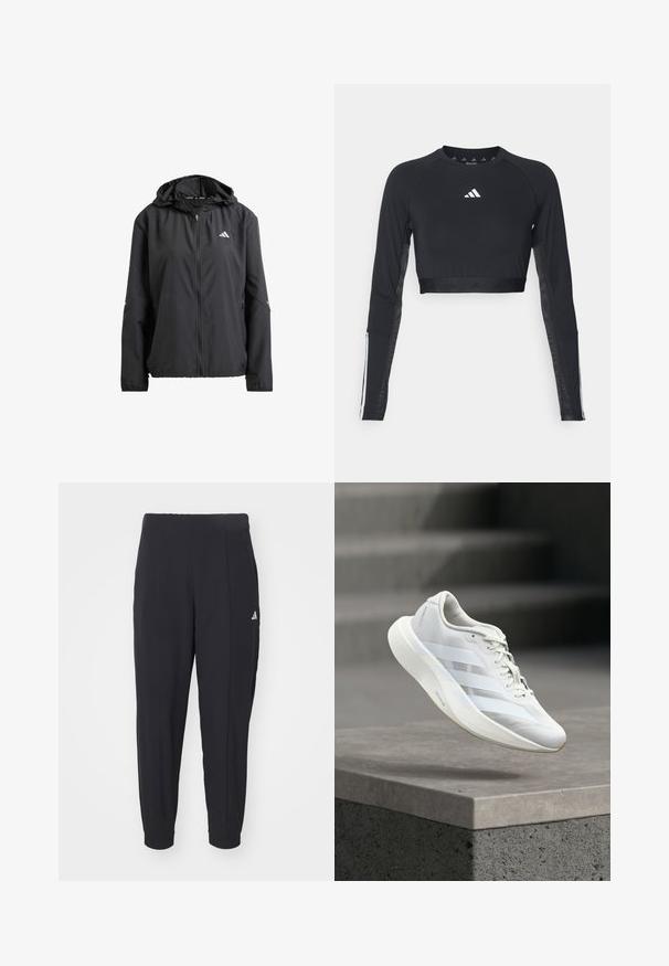 Veste légère noire avec capuche, fermeture éclair intégrale et deux poches latérales. Présente un logo réfléchissant sur la poitrine et des accents discrets sur les manches.; Haut d'entraînement noir à manches longues et coupé, en tissu lisse. Présente un logo blanc sur la poitrine et des accents rayés sur les manches.; Pantalons de sport noirs en tissu lisse. Design ajusté avec des poignets élastiques. Présente un petit logo blanc sur la hanche gauche.; Chaussure de sport blanche avec une tige texturée, trois bandes latérales, une semelle amortie et un bout arrondi, posée au-dessus d'une surface en béton.