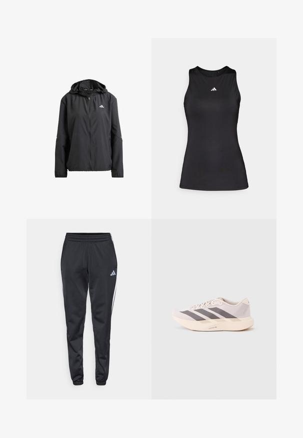 Veste légère noire avec capuche, fermeture éclair intégrale et deux poches latérales. Présente un logo réfléchissant sur la poitrine et des accents discrets sur les manches.; Débardeur de sport noir sans manches en tissu lisse. Il présente un col rond et un petit logo Adidas blanc sur la poitrine.; Pantalons de sport noirs avec une taille élastique, des jambes effilées et des bandes latérales blanches. Présente un petit logo gris en forme de trèfle sur la cuisse gauche.; Baskets de sport légères en rose pâle et gris, avec une tige en mesh, trois bandes sombres et une semelle épaisse crème portant l'inscription "LIGHTSTRIKE PRO".