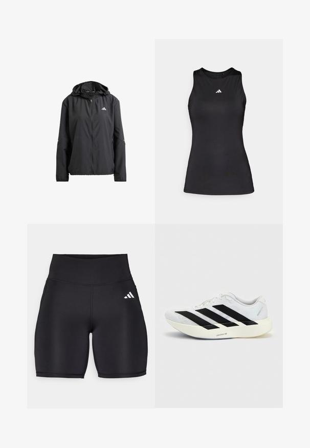 Veste légère noire avec capuche, fermeture éclair intégrale et deux poches latérales. Présente un logo réfléchissant sur la poitrine et des accents discrets sur les manches.; Débardeur de sport noir sans manches en tissu lisse. Il présente un col rond et un petit logo Adidas blanc sur la poitrine.; Shorts de sport noirs en tissu extensible, dotés d'une taille haute, d'une texture lisse et d'un logo à trois bandes blanches sur le côté.; Chaussure de running blanche avec motif trois bandes noires sur le côté et semelle blanche épaisse étiquetée "Lightstrike Pro" sur fond uni.