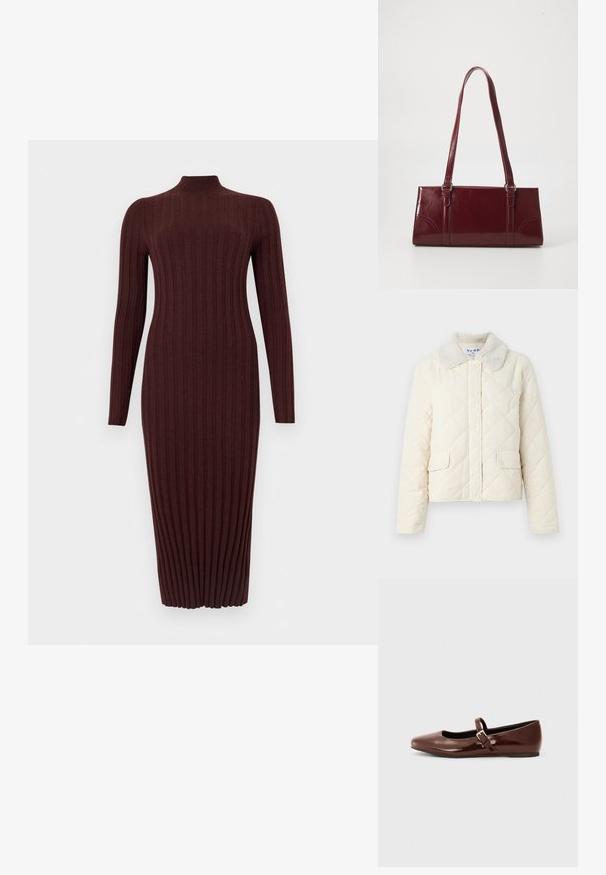 Veste matelassée couleur crème avec un col en fausse fourrure, boutons pression et deux poches avant. Texture douce et design court.; Robe midi en maille côtelée à manches longues, de couleur brun foncé, avec un col cheminée, une silhouette ajustée et une texture verticale.; Ballerine en cuir verni marron avec un bout carré et une lanière ornée d'une petite boucle dorée. Texture lisse, talon bas et design minimaliste.; Sac à main bordeaux en matériau brillant, de forme rectangulaire, avec deux anses et des accents légèrement courbés à l'avant.