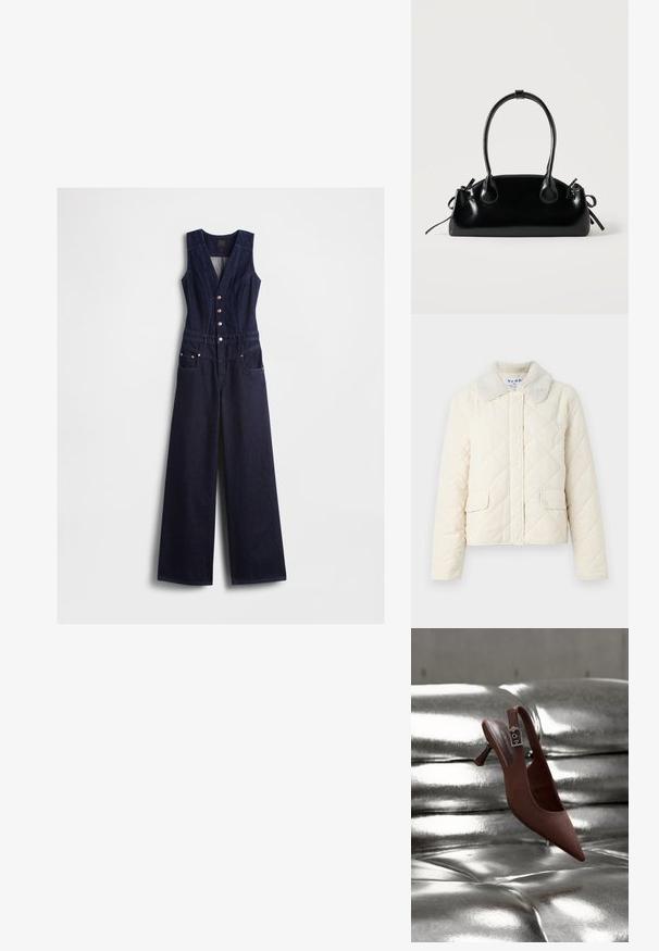 Crème-kleurig gewatteerd jack met een nepbont kraag, drukknoopsluitingen en twee voorzakken. Zachte textuur en cropped ontwerp.; Donkere blauwe denim jumpsuit met een V-hals, mouwloos ontwerp, vijf knopen aan de voorkant en brede pijpen. Voorzien van twee zijzakken.; Bruine puntschoen met slingback, lage hak en gespband, rustend op een glanzend, zilverkleurig, getuft oppervlak.; Kleine zwarte glanzende handtas met twee lange hengsels en zijkant trekkoord details op een effen lichte achtergrond.