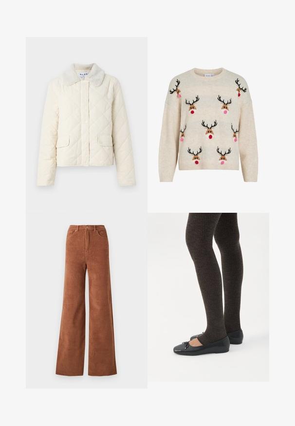 Cremefarvet quiltet jakke med en faux fur krave, trykknapper og to forneden lommer. Blød tekstur og cropped design.; Kremfarvet sweater med blød tekstur, rund halsudskæring og rensdyrmotiver med sorte gevirer, lyserøde pomponer og røde næser.; Bredane corduroy bukser i en dyb brun farve, med lodrette ribber, frontlommer og knaplukning i taljen.; Ben iført mørke ribbede leggings kombineret med sorte balletsko med små sløjfedetaljer på hvid baggrund.