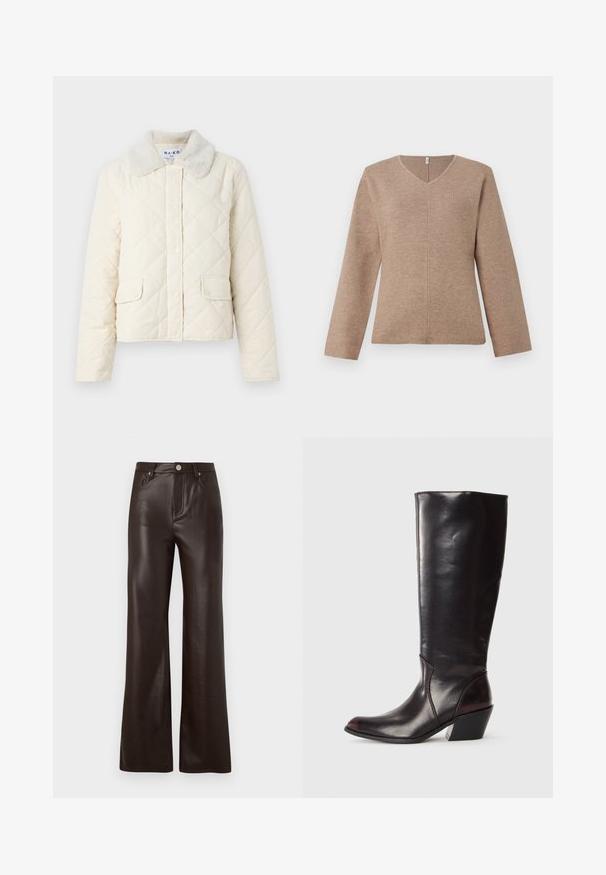 Cremefarvet quiltet jakke med en faux fur krave, trykknapper og to forneden lommer. Blød tekstur og cropped design.; V-hals striktrøje i lysebrunt strikket stof, med lange ærmer og en central sømdetalje for en afslappet pasform. Glat tekstur, minimalistisk design.; Vero Moda Wide-leg VMTESSA High rise - Bukser - chocolate torte; Knæhøj, mørkebrun læderstøvle med spids tå, vinkelret blokhæl og en glat, blank overflade. Har et enkelt design og syningsdetaljer.