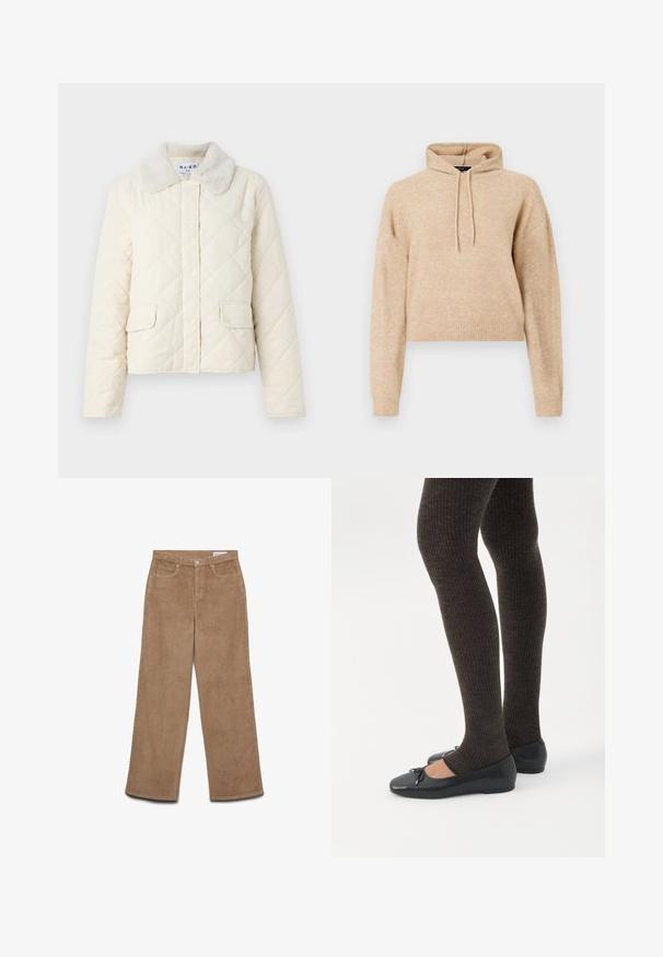 Cremefarvet quiltet jakke med en faux fur krave, trykknapper og to forneden lommer. Blød tekstur og cropped design.; Beige cropped striktrøje med lange ærmer og snorhætte, præsenteret på en hvid baggrund.; Vidbenede kordfløjlsbukser i brun. Har et tekstureret stof, fem lommer og lukning med knap. Lige pasform fra hofte til kant.; Ben iført mørke ribbede leggings kombineret med sorte balletsko med små sløjfedetaljer på hvid baggrund.