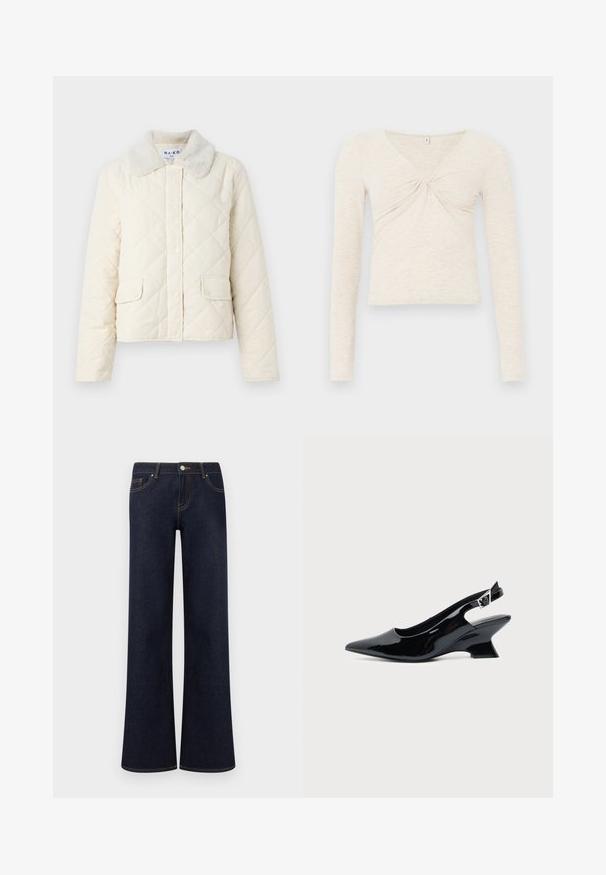 Cremefarvet quiltet jakke med en faux fur krave, trykknapper og to forneden lommer. Blød tekstur og cropped design.; Creme langærmet top lavet af blødt, tekstureret stof. Har en V-udskæring og en twist-detalje i midten. Forkortet design.; Mørkeblå vidde denimjeans med forlommer, knap- og lynlåslukning samt synlige kontrastsyninger.; Sort laklæder slingback sko med spids tå og lav vinklet blokhæl på ensartet lys baggrund.