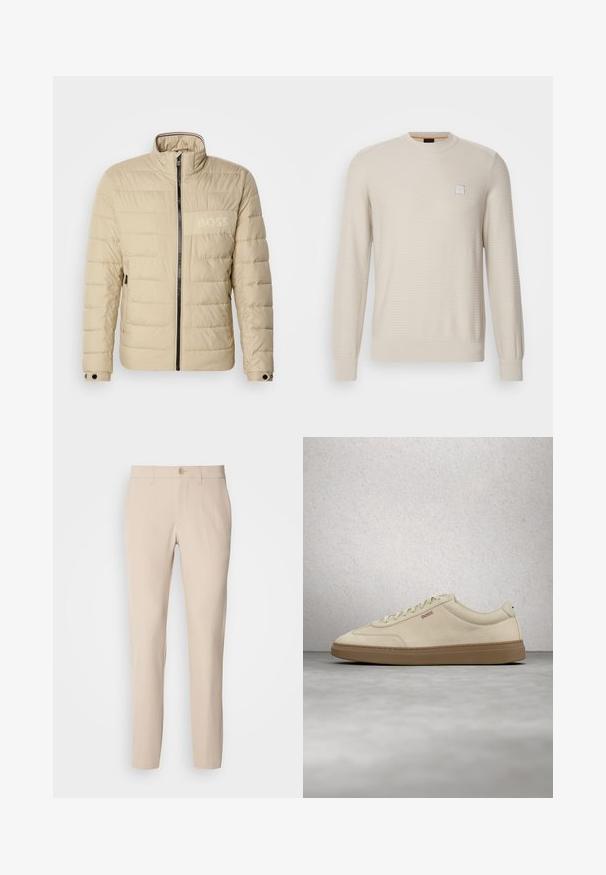 Beige gewatteerde jas met een hoge kraag, horizontale stiksels, twee zijzakken en een zwarte rits, met een subtiele "BOSS" logo op de borst.; Lichtbeige sweater van gestructureerde stof. Heeft een ronde hals, lange mouwen en een klein vierkant logo op de borst.; Beige broek van zachte stof, met knoopsluiting, rechte snit en zijzakken. Glad oppervlak met minimale stikdetails.; Lichtbeige suède sneaker met een zool van gumrubber, opvallende veters en subtiele stikdetails. Strak ontwerp met een minimalistische uitstraling.