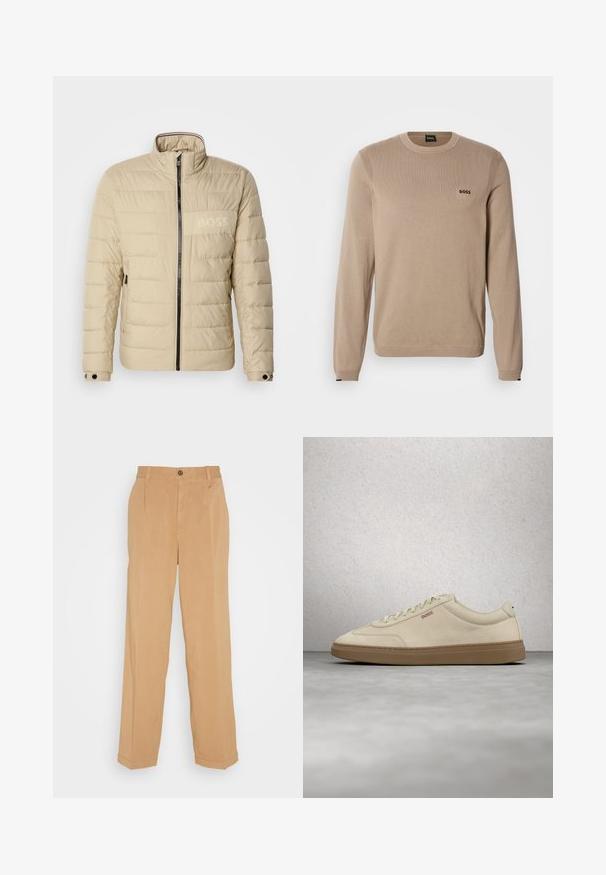 Vaatteeton beige päällisetakki korkean kauluksen kanssa, vaakasaumaiset tikkaus, kaksi sivutaskua ja musta vetoketju, jossa on huomaamaton "BOSS"-logo rinnassa.; Beige neulepusero, jossa pitkät hihat, pyöreä pääntie, resorireunukset ja pieni musta 'BOSS'-logo rinnassa. Pehmeä tekstuuri, klassinen istuvuus.; Hiekanväriset leveälahkeiset housut, jotka on valmistettu pehmeästä kankaasta. Niissä on kaksi etutaskua, napitus ja poimutukset lahkeiden sivuilla.; Vaaleanbeige mokkanahkainen tennari kumipohjalla, näyttävillä nauhoilla ja hillityillä ompeluilla. Siisti muotoilu minimalistisella estetiikalla.