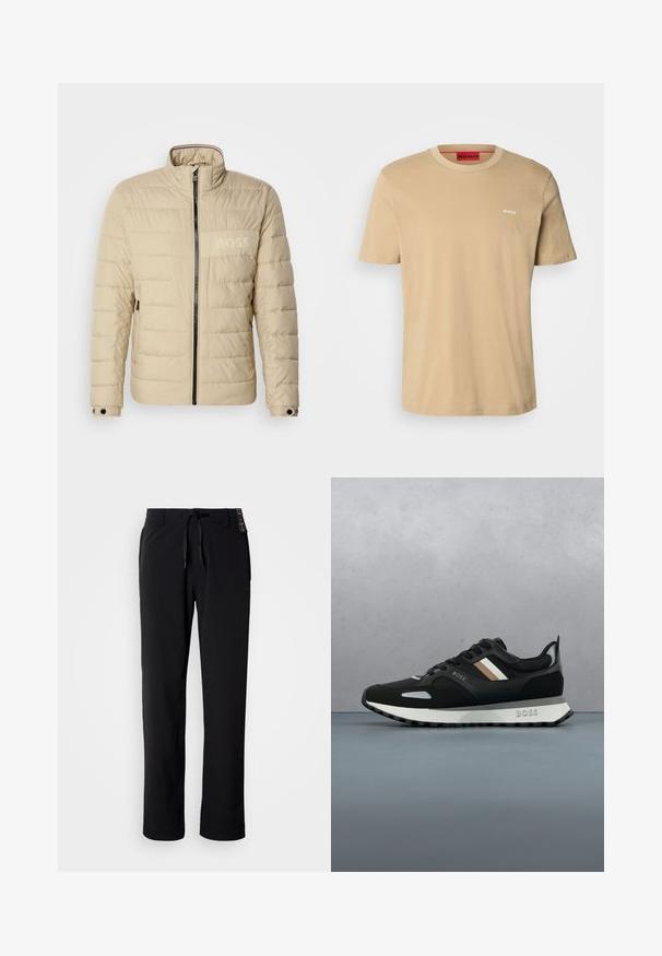 Veste rembourrée beige avec un col montant, des coutures horizontales, deux poches latérales et une fermeture éclair noire, arborant un subtil logo "BOSS" sur la poitrine.; T-shirt en coton beige avec un col rond, des manches courtes et un petit logo blanc "HUGO" sur la poitrine. Texture lisse sans motifs.; Pantalon noir et léger avec une coupe droite. Doté d'une taille à cordon de serrage et d'une texture lisse. Convient pour une tenue décontractée.; Baskets de course noires avec une surface texturée, accents gris clair et trois bandes horizontales marron. Elles possèdent une semelle blanche rembourrée.