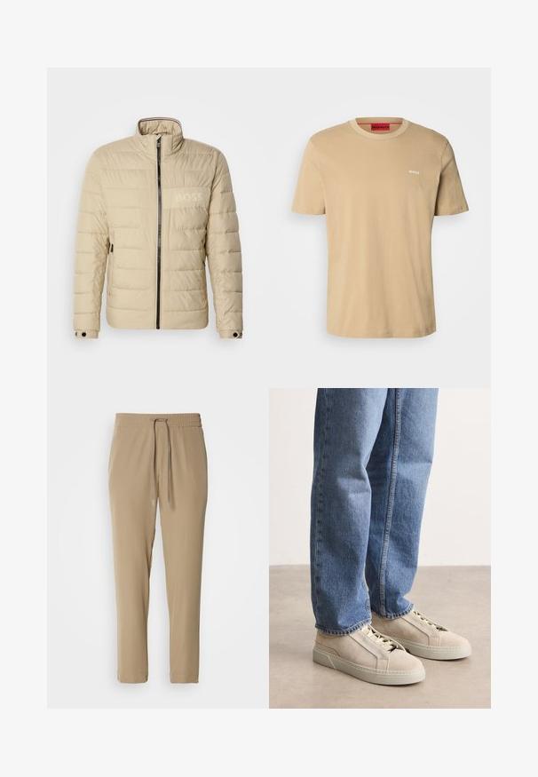 Beige gewatteerde jas met een hoge kraag, horizontale stiksels, twee zijzakken en een zwarte rits, met een subtiele "BOSS" logo op de borst.; Beige katoenen t-shirt met een ronde hals, korte mouwen en een klein wit "HUGO" logo op de borst. Een gladde textuur zonder patronen.; Beige joggerbroeken met een elastische tailleband en trekkoord. Ze hebben een taps toelopend ontwerp en boorden aan de onderkant, gemaakt van lichtgewicht stof.; BOSS GARYTENN_SDHDEL - Sneakers laag - natural ten